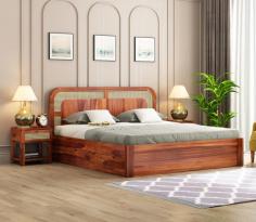 Buy Emalyn Bed With Storage (King Size, Honey Finish) Online From Wooden Street