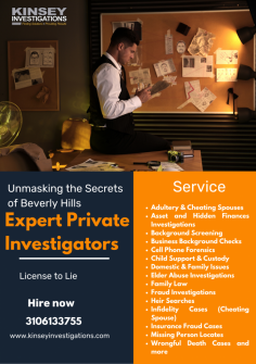 Trust the expertise of Kinsey Investigations, the leading private investigator agency in Beverly Hills. With a proven track record and a team of highly skilled professionals, we offer discreet and efficient investigative services tailored to your specific needs. Whether you require surveillance, background checks, or infidelity investigations, our dedicated team is here to provide you with the answers you seek. Contact Kinsey Investigations today for reliable and confidential assistance.
