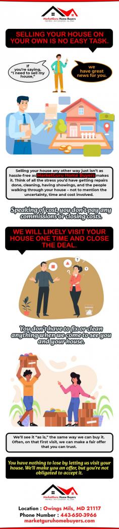 Selling your house can be stress-free in Maryland with MarketGuru Home Buyers. Unlike traditional methods, we offer a hassle-free experience. Skip the repairs, cleaning, and showings, we provide a swift and certain process, saving you time and cost. Say goodbye to the uncertainties of selling your house; let us simplify the process for you.
