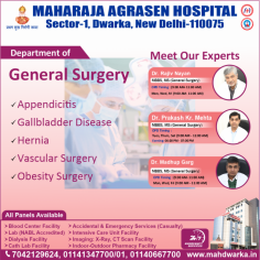 The Maharaja Agrasen facility, the best surgery hospital in Dwarka, Delhi, provides general comprehensive surgical procedures with a team of highly skilled general surgeons. General surgery specialists perform open operations to treat a variety of common conditions.