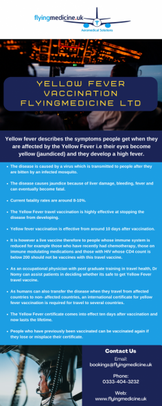 Yellow fever vaccination is effective from around 10 days after vaccination. It is however a live vaccine therefore to people whose immune system is reduced for example those who have recently had chemotherapy, those on immune modulating medications and those with HIV whose CD4 count is below 200 should not be vaccines with this travel vaccine.

Know more: https://www.flyingmedicine.uk/yellowfever-vaccination

