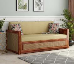 Buy Walder 3 Seater Sofa Cum Bed with Cane (King Size, Honey Finish) Online at Wooden Street