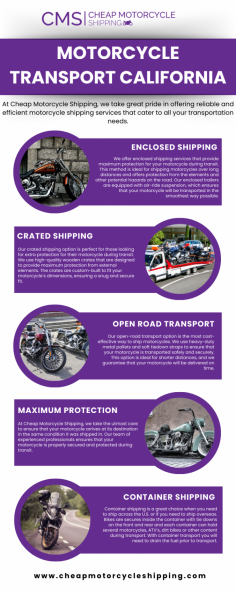 At Cheap Motorcycle Shipping, we take great pride in offering reliable and efficient motorcycle transport in California that caters to all your transportation needs.