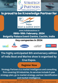 Strategy Partners Market Research and Consulting is proud to be the knowledge partner for the event India & Boat Marine Show dated 8th -10th February 2024 at Bolgatty Palace Event Centre Cochin. India.