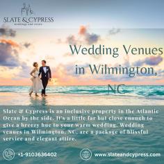 Slate & Cypress is an inclusive property in the Atlantic Ocean by the side. It's a little far but close enough to give a breezy hue to your warm wedding. Wedding venues in Wilmington, NC, are a package of blissful service and elegant attire. We top that, why? Visit us, connect us, and explore how we turn dreams into reality!