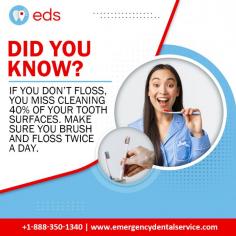Did You Know? | Emergency Dental Service

Did you know that you miss cleaning 40% of your tooth surfaces if you don't floss? Brushing and flossing twice a day is essential for a healthy smile. Don't let plaque and dirt grow between your teeth—prioritize your dental hygiene for a brighter, healthier smile. Schedule an appointment at 1-888-350-1340.