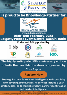 Strategy Partners Market Research and Consulting is proud to be the knowledge partner for the event India & Boat Marine Show dated 8th -10th February 2024 at Bolgatty Palace Event Centre Cochin. India. 
You can register at https://bit.ly/3tXLlgU
