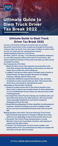 Discover the financial benefits of the per diem tax break for truck drivers. From semi repair in Sidney to reefer trailer service near you, Interstate Truck Center guides you through optimizing your take-home pay. Explore the advantages of per diem and make informed decisions for a more rewarding financial journey on the road.