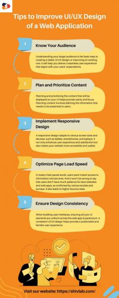 Shiv Technolabs, is the best web UI/UX design company. We have shared an insightful infographic explaining the top 5 tips to improve the UI/UX design of your website. Create a visually appealing and interactive website with these expert tips. Visit our website for more information or get in touch with our creative designers today. The top 5 tips are as follows:
- Know Your Audience
- Plan and Prioritize Content
- Implement Responsive Design
- Optimize Page Load Speed
- Ensure Design Consistency