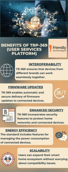 TR-369 ensures a more reliable, secure, and user-friendly smart home experience through features like interoperability, remote management, enhanced security, automatic firmware updates, energy efficiency, consistent user experience, and scalability.
