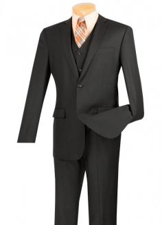 Check out this black slim-fit suit with a vest from Suit Secret. The solid, textured designs add a touch of sophistication, and the high-quality material ensures comfort and durability. Shop now and elevate your formalwear game.