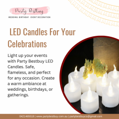 Light up your events with Party Bestbuy LED Candles. Safe, flameless, and perfect for any occasion. Create a warm ambiance at weddings, birthdays, or gatherings. Our LED candles are a must-have for a glowing celebration. Order now and add brilliance to your special moments.
Visit: https://www.partybestbuy.com.au/product-category/led-lights/led-light-candle/