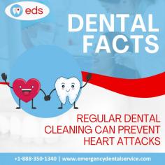 Dental Facts | Emergency Dental Service

Regular dental cleanings are essential for preserving oral health and may provide unexpected benefits. According to research, regular oral hygiene, including routine dental check-ups, may reduce the risk of heart attacks and other cardiovascular problems. Trust Emergency Dental Service to keep your smile healthy and your heart happy. Schedule an appointment at 1-888-350-1340.