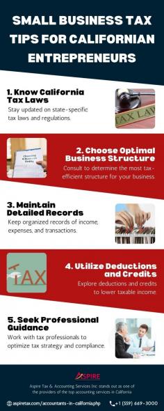 Discover essential tax tips tailored for Californian entrepreneurs running small businesses. Optimize your tax strategies and explore efficient accounting services in California to streamline your financial operations and maximize profitability.