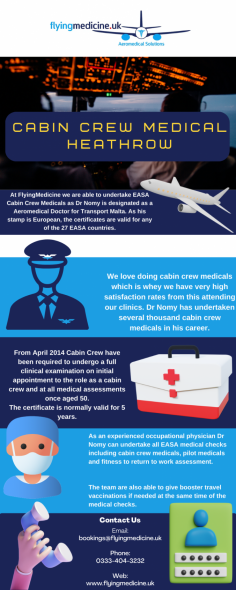 We love doing cabin crew medicals which is whey we have very high satisfaction rates from this attending our clinics. Dr Nomy has undertaken several thousand cabin crew medicals in his career.
Know more: https://www.flyingmedicine.uk/easa-cabin-crew-medical-attestation

