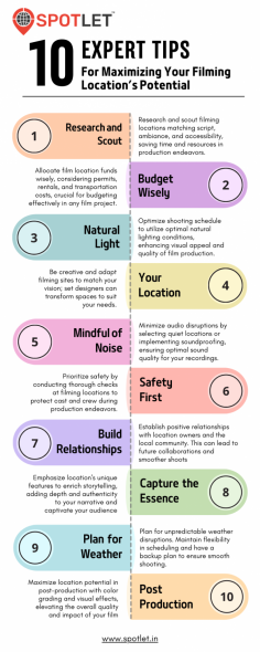 Lights, camera, action! When it comes to creating a memorable film, the location you choose plays a pivotal role. A well-selected filming location can breathe life into your project, adding depth and authenticity to your story. In this article, we’ll delve into 10 expert tips for maximizing your filming location’s potential. Whether you’re a seasoned filmmaker or just starting in the industry, these insights will help you make the most of your shooting experience.

