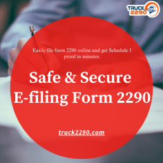 Truck2290 simplified 2290 online filing with a step-by-step guide. Easily, securely file, and pay heavy vehicle use taxes for the 2024 tax year to the IRS with a free e-file account. Simply enter your business and vehicle information, review the truck 2290 return, submit it to the IRS and get an IRS-watermarked Schedule 1 copy in minutes