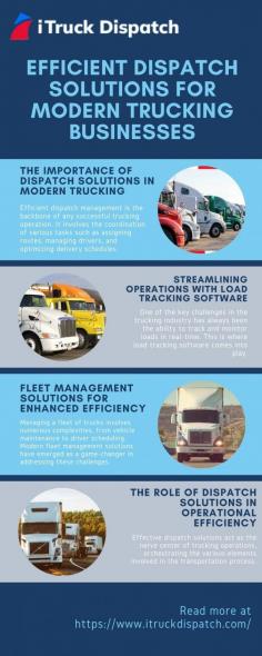 Revolutionize your trucking business with iTruck Dispatch's state-of-the-art dispatch solutions. Enjoy seamless operations using cutting-edge load tracking software and optimize your fleet with powerful fleet management solutions.  For more information visit here:https://itruckdispatch.blogvivi.com/25457709/efficient-dispatch-solutions-for-modern-trucking-businesses