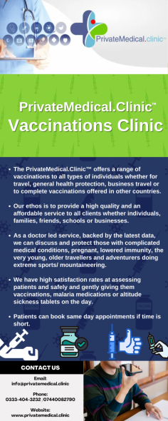 
As a doctor led service, backed by the latest data, we can discuss and protect those with complicated medical conditions, pregnant, lowered immunity, the very young, older travellers and adventurers doing extreme sports/ mountaineering.
Know more: https://www.privatemedical.clinic/vaccinations-travel-vaccination-clinic

