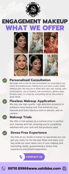 "Elevate your engagement day radiance with Sahibba K Anand's exquisite makeup services. 
From flawless foundation to enchanting eye makeup, Sahibba crafts personalized looks that enhance your natural beauty and complement your unique style."