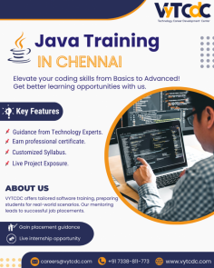 Dive deep into Java with VyTCDC's Java training in Chennai. Our curriculum covers fundamentals to advanced topics, complemented by practical experience through hands-on projects. With expert guidance and placement assistance, you'll be prepared to excel in your Java career.