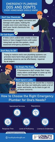 Do and Don'ts of Emergency Plumbing

We offer 24/7 emergency plumbing services to help you deal with unexpected plumbing problems quickly and efficiently. Here are our expert tips to provide dos and don'ts for plumbing emergencies. Send us an email at info@loyaltyplumbingllc.com for more details.
