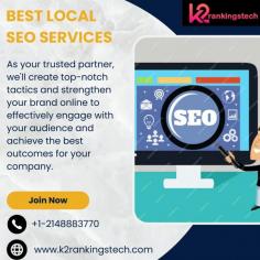 K2 Rankings Tech has the best local SEO services. As your trusted partner, we'll create top-notch tactics and strengthen your brand online to effectively engage with your audience and achieve the best outcomes for your company. Try us by exploring our website!
