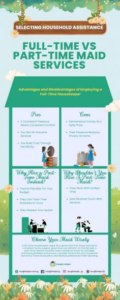 Checkout this informative infographic comparing full-time and part-time maid services. Discover the benefits of each option, from the convenience and comprehensive care of full-time help to the flexibility and cost-effectiveness of part-time maid in Singapore. Visualize the key differences of services offered, and the impact on your home management. Make an informed decision on choosing the best household help solution tailored to your lifestyle and needs. 

Source https://kungfuhelper.com.sg/blog/choosing-household-help-full-time-vs-part-time-maid-services/

Visit https://kungfuhelper.com.sg/services/part-time-helper/