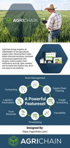 AgriChain is a software platform that brings together all stakeholders in the agricultural supply chain, allowing them to make better-informed decisions, eliminate unnecessary paperwork and dockets, reduce supply chain inefficiency and risk, open markets and increase their bottom line, all on one easy-to-use platform. Key customers, farmers, trucking companies, flour mills, malt houses, feedlots, grain elevators, Bulk grain handlers, farmer cooperatives, grain storage networks.
