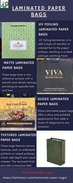 Welcome to our comprehensive guide on laminated paper bags, a sustainable packaging solution that combines functionality, durability, and eco-friendliness. This blog post will explore everything you need to know about laminated paper bags, including their benefits, the manufacturing process, and Their role in various industries. Whether you are a conscious consumer looking for an eco-friendly packaging option or a business owner searching for the perfect packaging solution, this guide will provide valuable insights. 


What are Laminated Paper Bags?


Laminated paper bags are made by bonding multiple layers of paper with each other, resulting in a sturdy and durable packaging option. The lamination process involves applying a thin layer of plastic film to the paper's surface, enhancing its strength, water resistance, and overall appearance. These bags come in various shapes, sizes, and designs, making them ideal for expensive applications.

