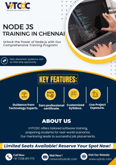 Elevate your coding skills to new heights with VyTCDC's comprehensive Node.js training in Chennai. Dive deep into the world of server-side JavaScript and learn how to build scalable and efficient applications. Our program not only equips you with the necessary skills but also provides certification upon completion, validating your expertise. Additionally, VyTCDC offers placement opportunities, connecting you with top companies looking for skilled Node.js developers. Join us and unlock your potential today!