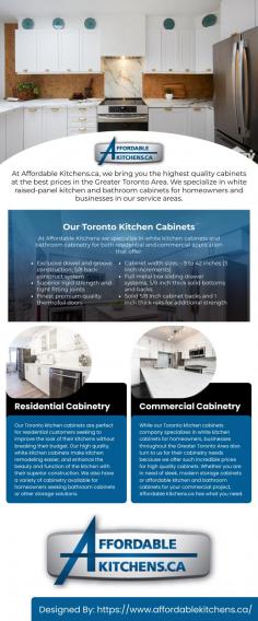 At Affordable Kitchens.ca, we bring you the highest quality cabinets at the best prices in the Greater Toronto Area. We specialize in white kitchen and bathroom cabinets for homeowners and businesses in our service areas.
