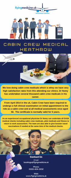 Infographic: Cabin Crew Medical Heathrow

At FlyingMedicine we are able to undertake EASA Cabin Crew Medicals as Dr Nomy is designated as a Aeromedical Doctor for Transport Malta. As his stamp is European, the certificates are valid for any of the 27 EASA countries. 

We love doing cabin crew medicals which is whey we have very high satisfaction rates from this attending our clinics. Dr Nomy has undertaken several thousand cabin crew medicals in his career.

Know more: https://www.flyingmedicine.uk/easa-cabin-crew-medical-attestation
