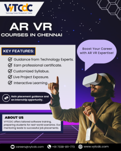 Immerse yourself in AR VR technology with VyTCDC's AR VR courses in Chennai. Our expert-led programs offer hands-on learning experiences tailored to industry standards, ensuring you're equipped for success in this dynamic field. Receive professional certifications upon completion and benefit from placement assistance to kickstart your career journey.