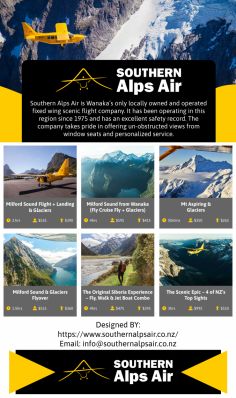 Southern Alps Air is Wanaka’s only locally owned and operated fixed wing scenic flight company. It has been operating in this region since 1975 and has an excellent safety record. The company takes pride in offering unobstructed views from window seats and personalised service.