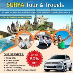 Surya Tour & Travels Agency, the leading tour and travel agency in Bhopal, Madhya Pradesh, offers rental taxi and car services, luxury SUVs, buses, and tempo travelers for exploring the beauty of Madhya Pradesh. With competitive prices and expert drivers, we cater to all your travel needs, specializing in organizing taxi services for events like the Narmada Pushkaram. Contact us for the best tour packages and unparalleled travel experiences.