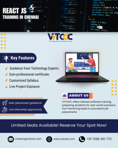 Gain expertise in ReactJS through VyTCDC's React JS Training in Chennai. Learn at your own pace, receive expert guidance, and earn a certification to validate your skills. Take the first step towards becoming a proficient ReactJS developer today.