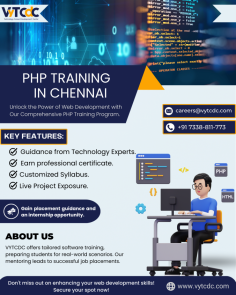 Take your web development skills to the next level with VyTCDC's PHP training in Chennai. Our comprehensive program covers essential topics such as HTML and operator classes, empowering you with the knowledge and expertise needed to succeed in the industry. With guidance from industry veterans and practical experience, VyTCDC prepares you for the fast-paced world of web development.