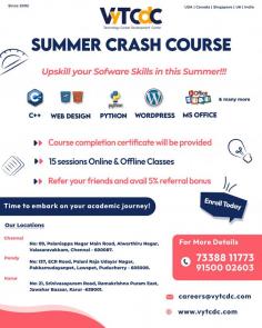 Are you ready to embark on a journey of skill development? VyTCDC presents a Summer Crash Course in Chennai to elevate your software expertise. Explore C++, Python, Web Design, WordPress, and MS Office through 15 engaging online and offline sessions. Enroll today and seize the opportunity to advance your career!