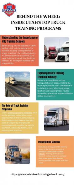 Embark on a journey through Utah's finest CDL training school options. "Behind the Wheel" provides an exclusive peek into the rigorous yet rewarding world of truck training, shaping tomorrow's champions of the trucking industry. Visit here to know more:https://utahtruckdrivingschoolblog.wordpress.com/2024/04/17/behind-the-wheel-inside-utahs-top-truck-training-programs/