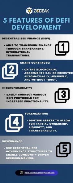 Unlocking DeFi Potential: Five Key Features of DeFi Development. Automated liquidity, yield farming, decentralised exchanges, token swapping, and customisable  interfaces will transform financial autonomy and creativity in decentralised finance ecosystems.

Know more : https://www.cryptocurrencyscript.com/decentralized-finance-defi-development



