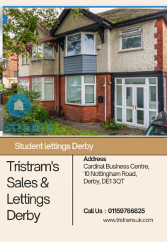 Looking for student lettings in Derby? At Tristram's Sales & Lettings, we offer a variety of options to suit your needs and budget. Our properties are conveniently located, fully furnished, and undergo thorough safety checks. With transparent pricing and responsive maintenance, we make renting hassle-free. Contact us today to find your perfect student accommodation in Derby!





