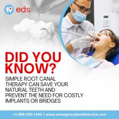 Did You Know? | Emergency Dental Service

Did you know that root canal therapy can save your natural teeth and avoid the need for expensive implants or bridges?  It includes removing the damaged pulp, cleaning the area, and filling it with a specific material. This can help you protect your natural teeth, maintain oral health, and avoid costly dental surgeries. Schedule an appointment at 1-888-350-1340.