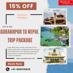 Delve into the wonders of Nepal and its remarkable places. From Kathmandu's bustling streets to Pokhara's serene beauty, the Musafircab website is your gateway to Nepal's enchanting destinations. You can do many more adventurous activities such as white-water rafting, paragliding, bungee jumping, mountain biking, and jungle safaris-Gorakhpur to Nepal Tour Package, Nepal Tour Package from Gorakhpur, Gorakhpur to Nepal Tour Itineraries. If you have any questions, please call or Whatsapp us at +91-8881118838. Our executive is available 24*7 to help you in planning your trip.