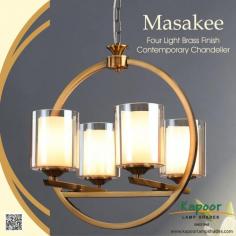 Bring a touch of glamour and a warm, inviting glow to your home with Masakee Four Light Brass Finish Contemporary Chandelier. Elevate your interior decor and make a statement with every glance. a masterpiece of modern elegance and timeless style. Perfect for adding a touch of luxury to any space. 