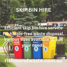 Explore hassle-free waste management with Richmond Waste's Skip Bin Hire service. Choose from various sizes to suit your needs, from small clean-ups to large construction projects. Reliable, efficient, and environmentally conscious solutions tailored to you."