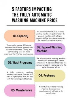 5 Factors Impacting the Fully Automatic Washing Machine Price:

Capacity: The capacity of the fully automatic washing machine majorly impacts its price. A machine with a higher capacity will be more expensive than the one with a smaller capacity.

Type of Washing Machine: There is also a price difference between the different types of fully automatic machines. Usually, the front-loading ones are more expensive than the top-loading ones.

Wash Programs: The fully automatic washing machine price will be on the higher side to complement its advanced features. The more advanced its wash programs, the higher the price will be.

Features: A fully automatic washing machine with more features will have a higher price than the one with the basic required features.

Maintenance: If your fully automatic washing machine demands more maintenance, it will add to its overall price.