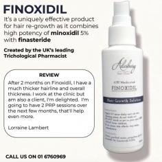 Finoxidil is a prescription medication developed by the Ailesbury Hair Clinic for hair loss treatment for men and thinning hair in men.

It's a uniquely effective product for male hair re-growth as it combines high potency minoxidil 5% with finasteride.

Finasteride blocks the action of an enzyme called 5-alpha-reductase. This enzyme converts testosterone into another hormone that causes prostate growth or hair loss in men. As a result, finasteride increases the number of hairs on the head but not the body hair.

Visit here: https://www.ailesburyhairclinic.ie/hair-loss/
