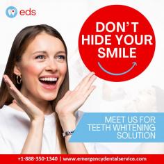 Don't Hide Your Smile | Emergency Dental Service

Unlock the brilliance of your smile with Emergency Dental Service's exclusive Whitening Solution! Say goodbye to hiding your beautiful grin and hello to a radiant, confident you! Our expert team is here to brighten your day and your smile. Book your appointment now and let your pearly white shine! Schedule an appointment at 1-888-350-1340. 
