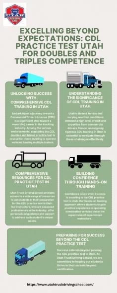 Step beyond the ordinary with Utah Truck Driving School's specialized CDL training in Utah. Our focused program includes a meticulous CDL practice test Utah for doubles and triples proficiency. Prepare to excel and demonstrate exceptional competence in your CDL endeavors. Visit here to know more:https://techplanet.today/post/excelling-beyond-expectations-cdl-practice-test-utah-for-doubles-and-triples-competence
